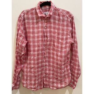 Peter Millar Men's M Red Plaid 100% Linen Long Sleeve Snap Button-Up Shirt